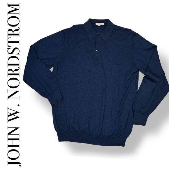 Nordstrom Extra-Fine Merino Wool Long Sleeve Polo Navy Blue Sweater Mens XL